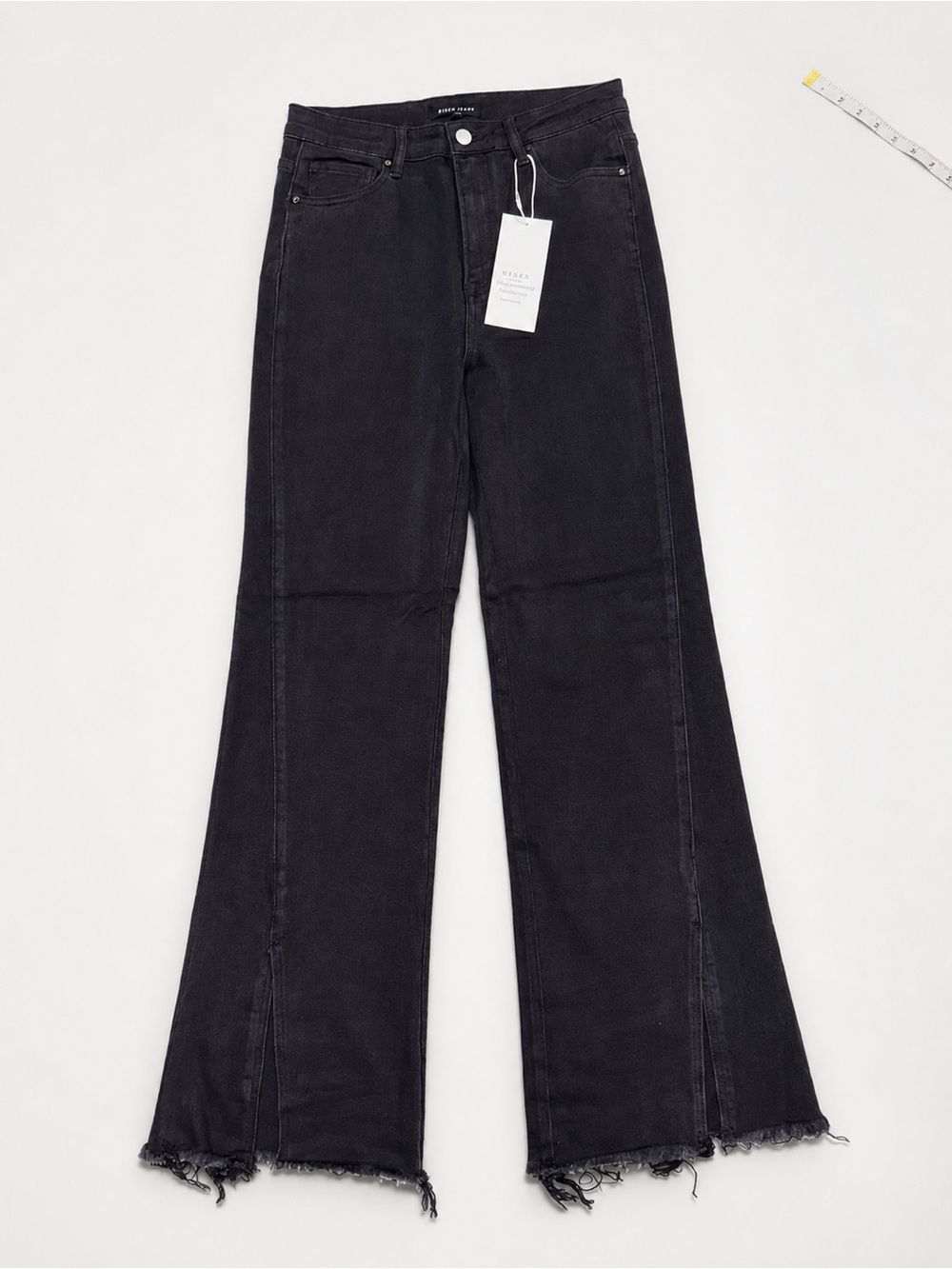 NWT RISEN Black High Rise Raw Hem Front Slit Flare Jeans Size 11/30 | 32” Inseam - Picture 2 of 6